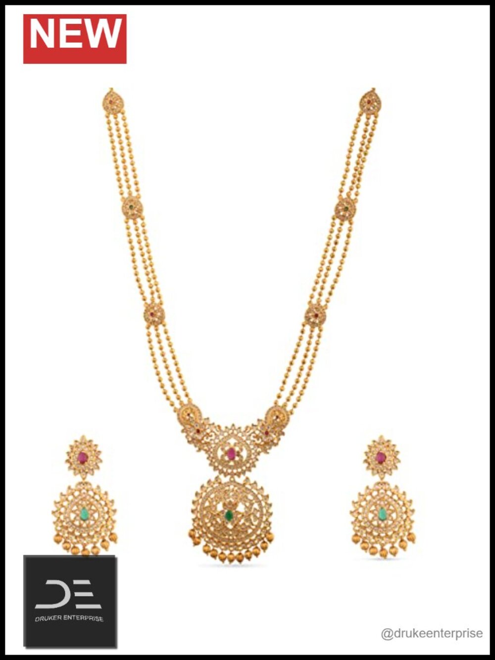 Gold Plated Brass Indian Long Necklace Set with Jhumka Drop Earrings